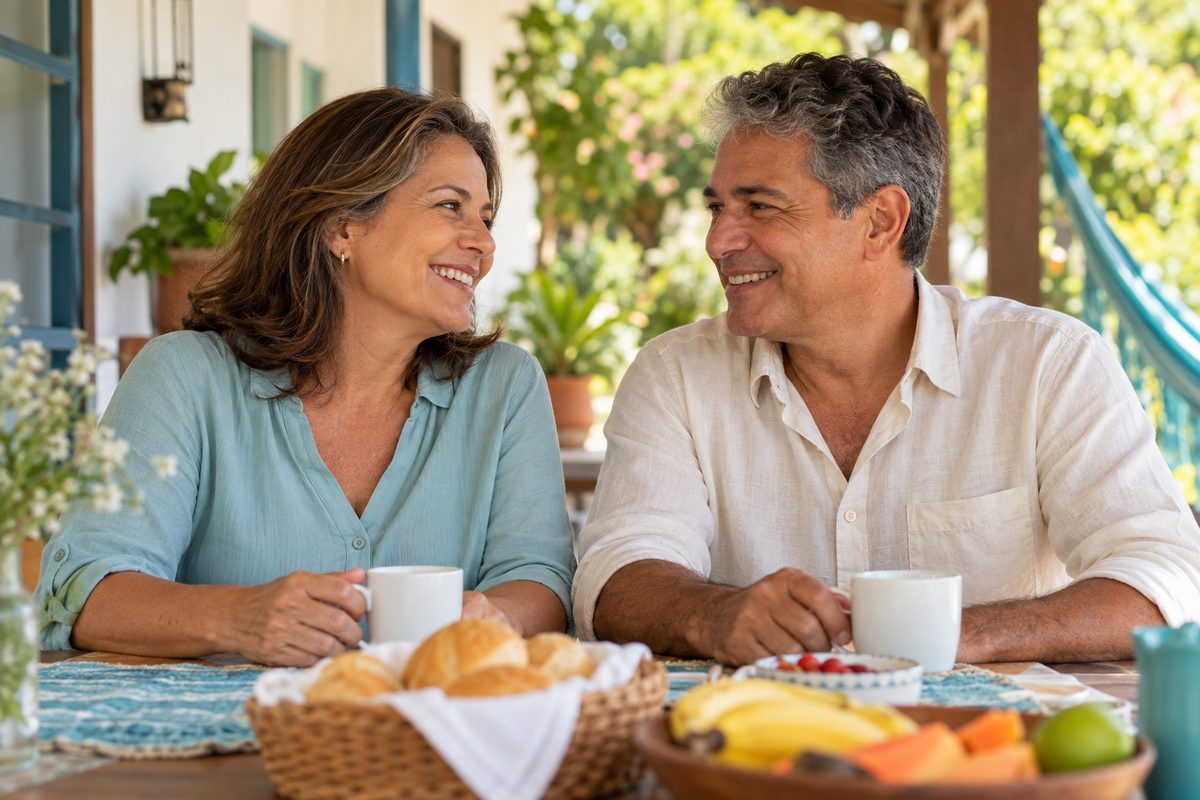Casal de cerca de 55 anos tomando café da manhã e sorrindo na varanda